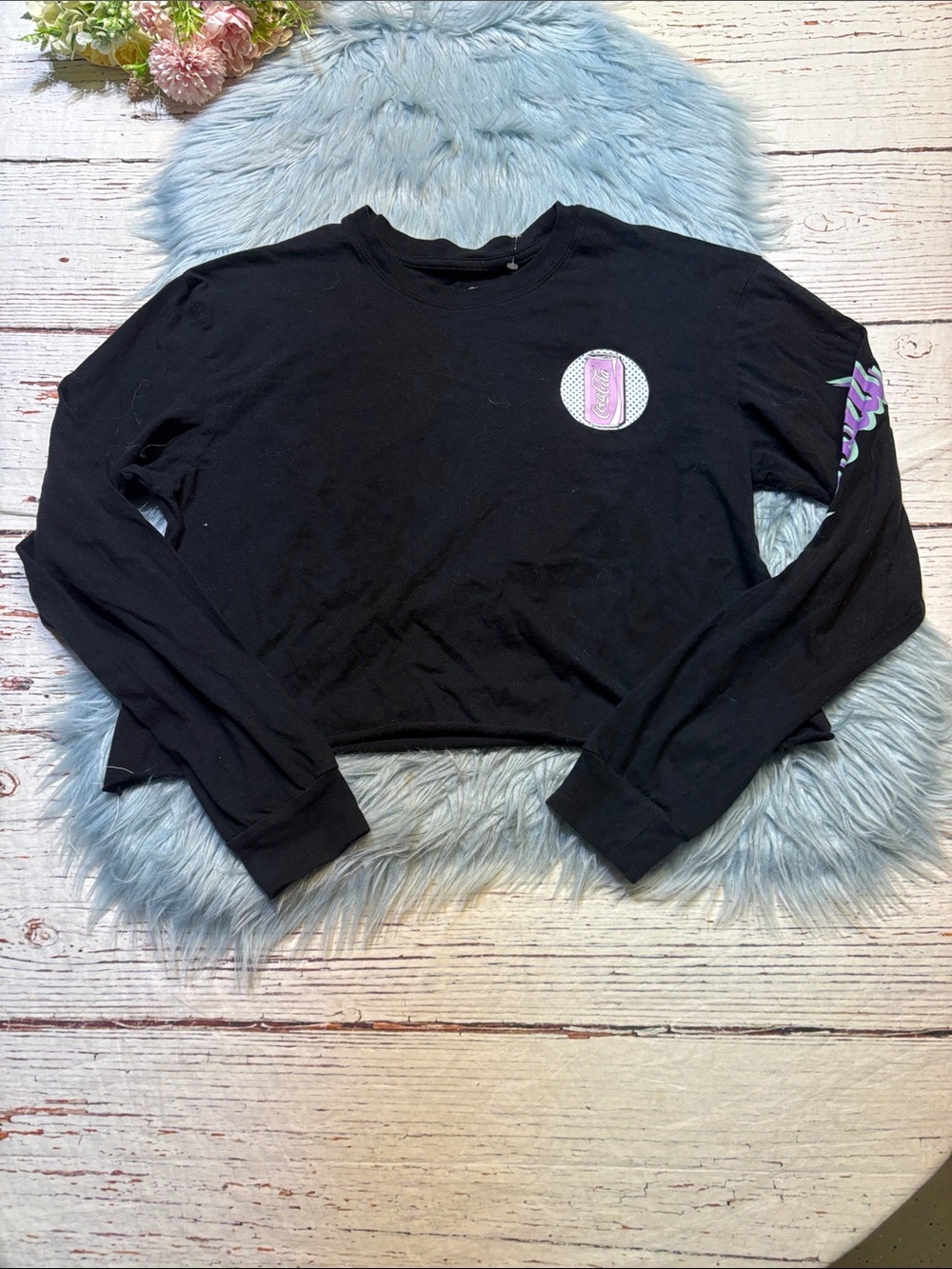 Coca Cola Black Crop Long Sleeve Tee with White Logo Sz L